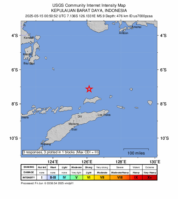USGS DYFI community-reported intensity map for the M5.9 earthquake near 152 km NNW of Baukau, Timor Leste