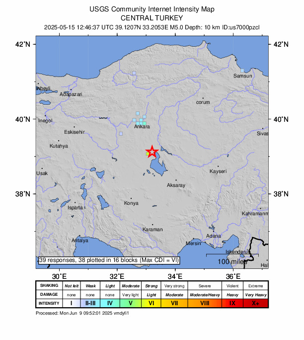USGS DYFI community-reported intensity map for the M5.0 earthquake near 14 km ENE of Kulu, Turkey