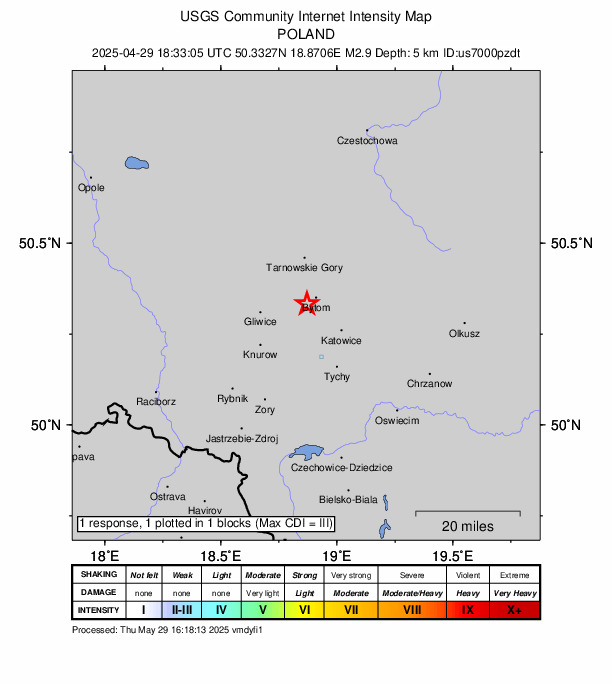 USGS DYFI community-reported intensity map for the M2.9 earthquake near 4 km WSW of Bytom, Poland