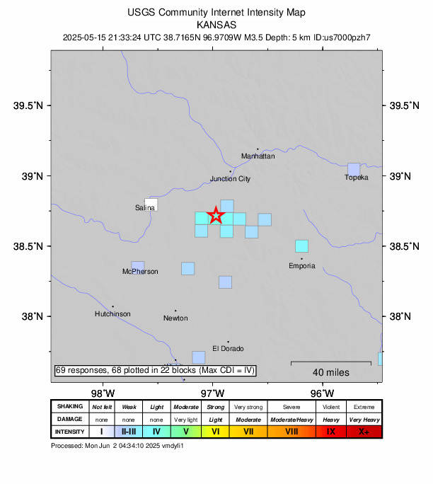 USGS DYFI community-reported intensity map for the M3.5 earthquake near 5 km NNW of Herington, Kansas