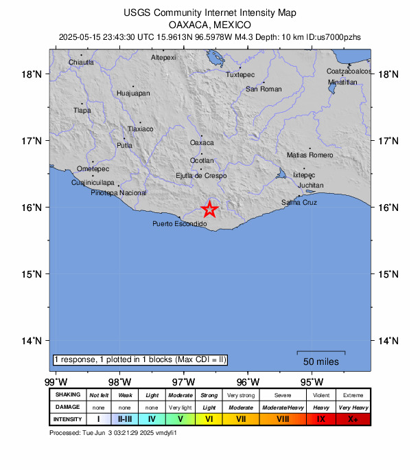USGS DYFI community-reported intensity map for the M4.3 earthquake near 13 km S of San Francisco Cozoaltepec, Mexico