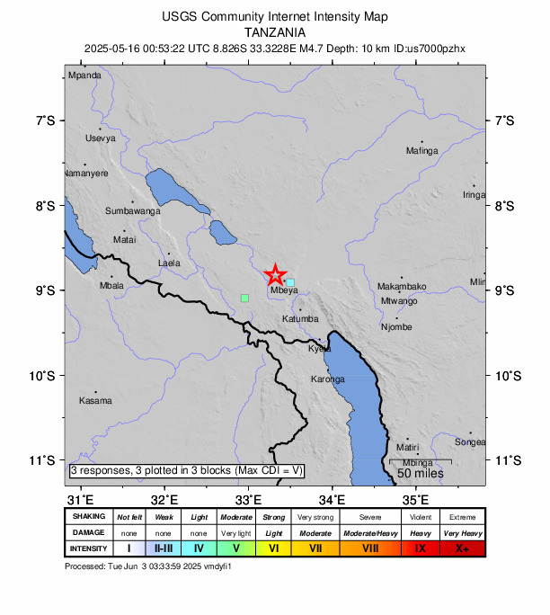 USGS DYFI community-reported intensity map for the M4.7 earthquake near 16 km WNW of Mbeya, Tanzania