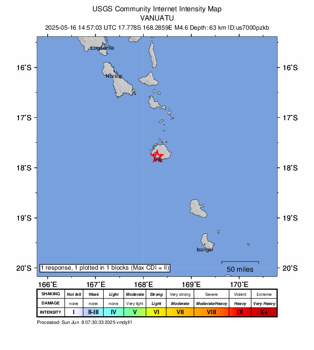 USGS DYFI community-reported intensity map for the M4.6 earthquake near 5 km SSW of Port-Vila, Vanuatu