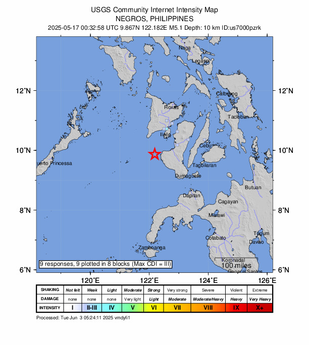 USGS DYFI community-reported intensity map for the M5.1 earthquake near 24 km W of Bulata, Philippines