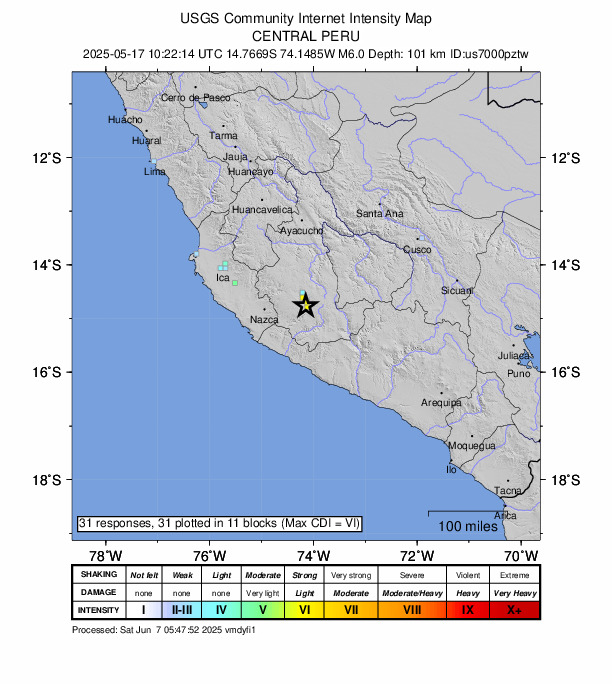 USGS DYFI community-reported intensity map for the M5.9 earthquake near 5 km W of San Pedro, Peru