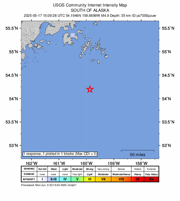 USGS DYFI community-reported intensity map for the M4.9 earthquake near 133 km SSE of Sand Point, Alaska