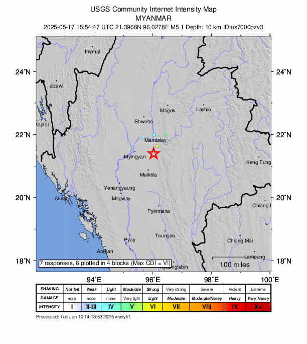 USGS DYFI community-reported intensity map for the M5.1 earthquake near 22 km SSW of Kyaukse, Burma (Myanmar)