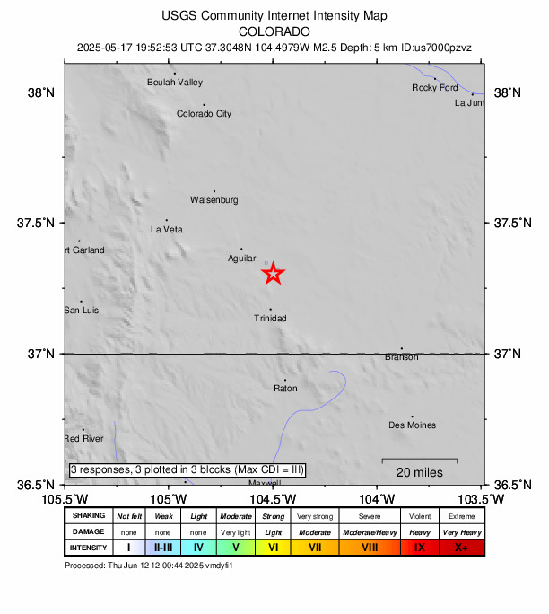 USGS DYFI community-reported intensity map for the M2.4 earthquake near 9 km NNW of El Moro, Colorado