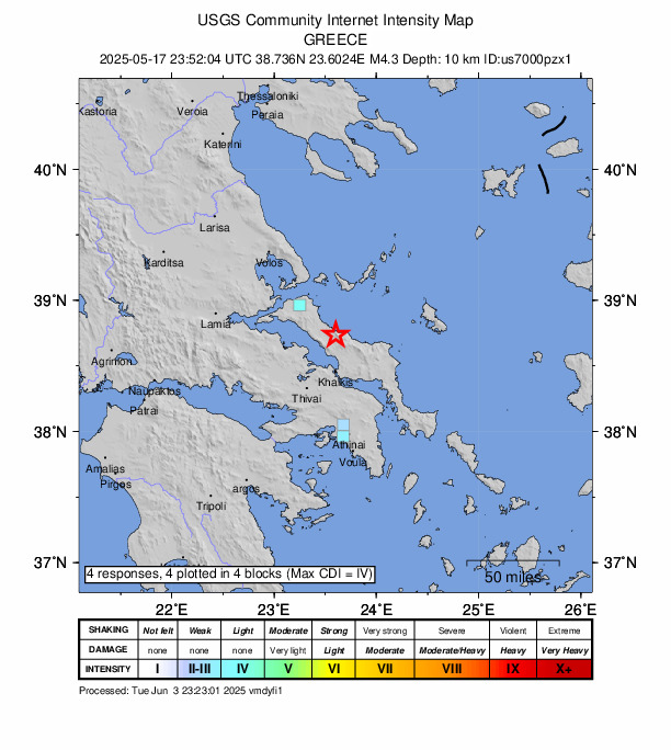 USGS DYFI community-reported intensity map for the M4.3 earthquake near 9 km E of Prokópi, Greece