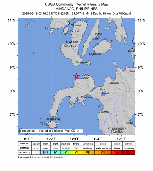 USGS DYFI community-reported intensity map for the M4.8 earthquake near 10 km NNW of Manukan, Philippines