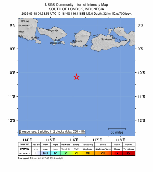 USGS DYFI community-reported intensity map for the M4.9 earthquake near 153 km S of Lembar, Indonesia