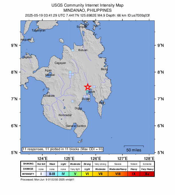 USGS DYFI community-reported intensity map for the M4.9 earthquake near 5 km SSE of San Miguel, Philippines