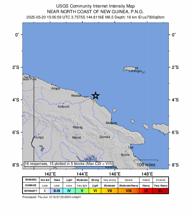 USGS DYFI community-reported intensity map for the M6.5 earthquake near 89 km ENE of Angoram, Papua New Guinea