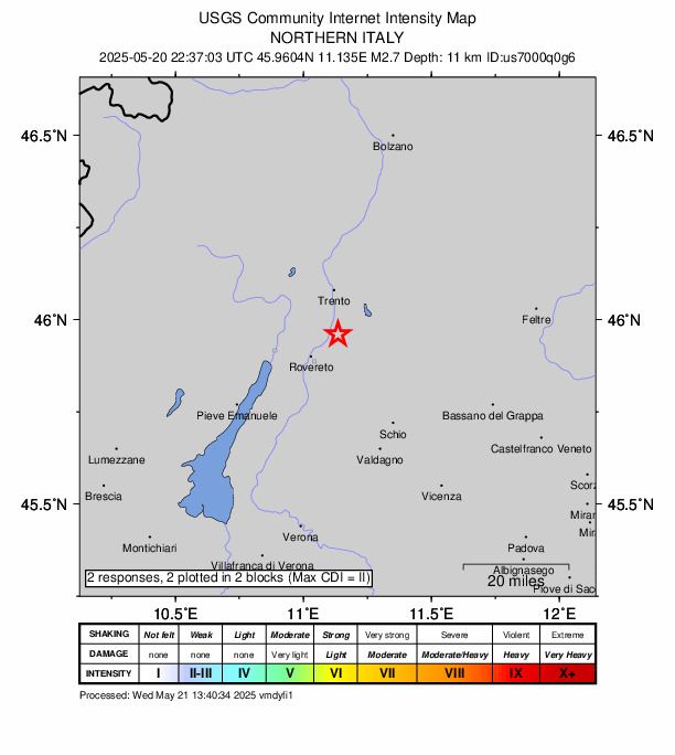 USGS DYFI community-reported intensity map for the M2.7 earthquake near 2 km NE of Besenello, Italy