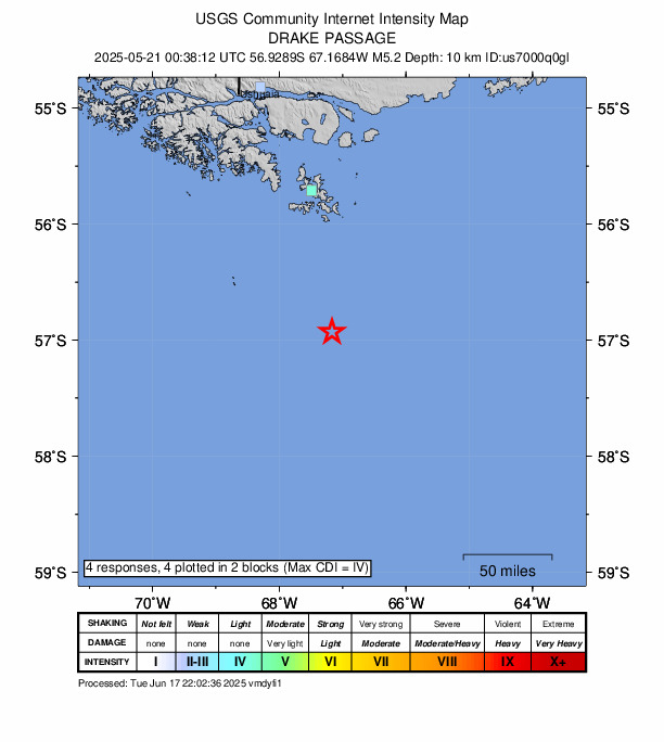 USGS DYFI community-reported intensity map for the M5.2 earthquake near 251 km SSE of Ushuaia, Argentina