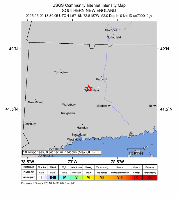 USGS DYFI community-reported intensity map for the M2.0 earthquake near 3 km E of Plainville, Connecticut