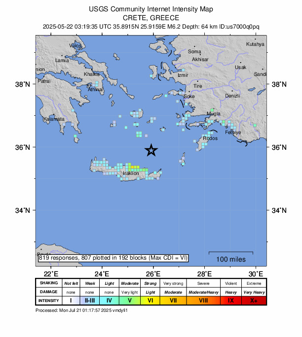 USGS DYFI community-reported intensity map for the M6.2 earthquake near 66 km SE of Emporeío, Greece