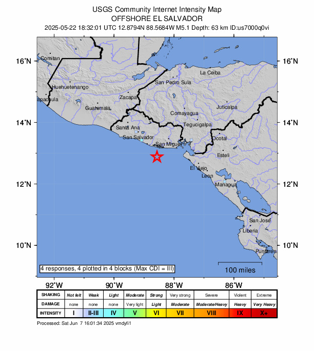 USGS DYFI community-reported intensity map for the M5.0 earthquake near 39 km S of Puerto El Triunfo, El Salvador