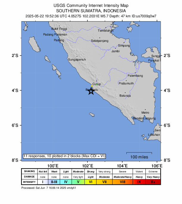 USGS DYFI community-reported intensity map for the M5.7 earthquake near 21 km S of Bengkulu, Indonesia