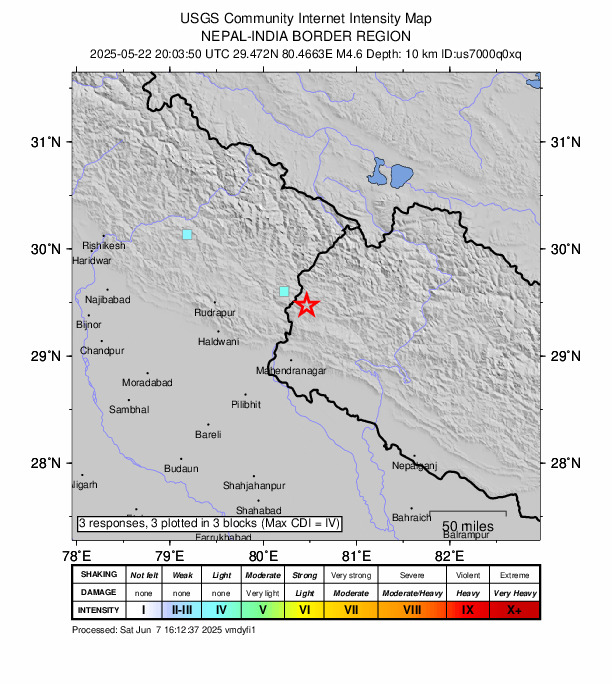 USGS DYFI community-reported intensity map for the M4.6 earthquake near 22 km NNW of Dadeldhurā, Nepal