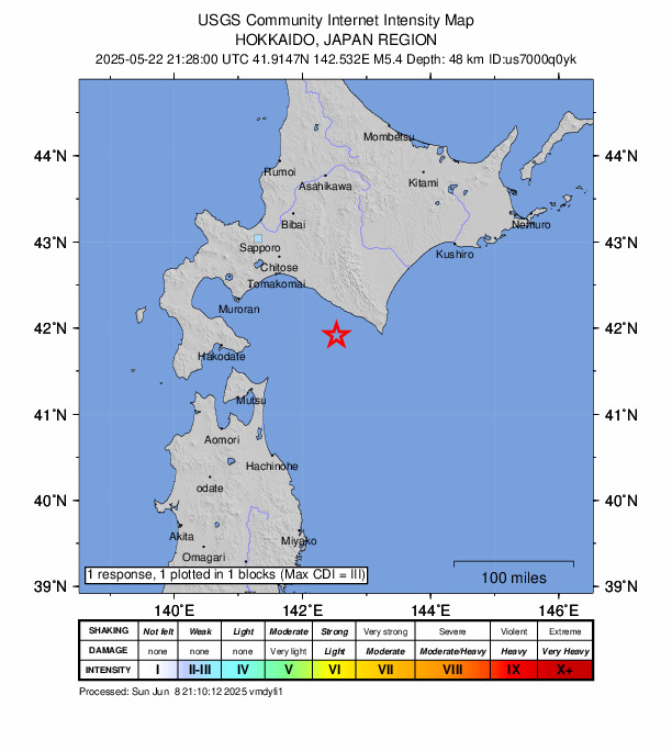 USGS DYFI community-reported intensity map for the M5.4 earthquake near 33 km SW of Urakawa, Japan