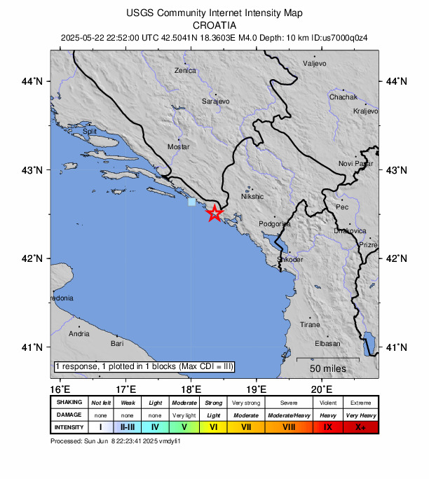 USGS DYFI community-reported intensity map for the M4.0 earthquake near 12 km WNW of Igalo, Montenegro