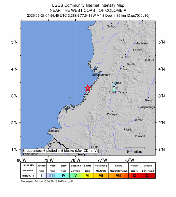 USGS DYFI community-reported intensity map for the M4.8 earthquake near 62 km NNE of Timbiquí, Colombia