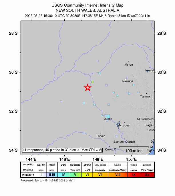 USGS DYFI community-reported intensity map for the M4.8 earthquake near 86 km NNE of Nyngan, Australia