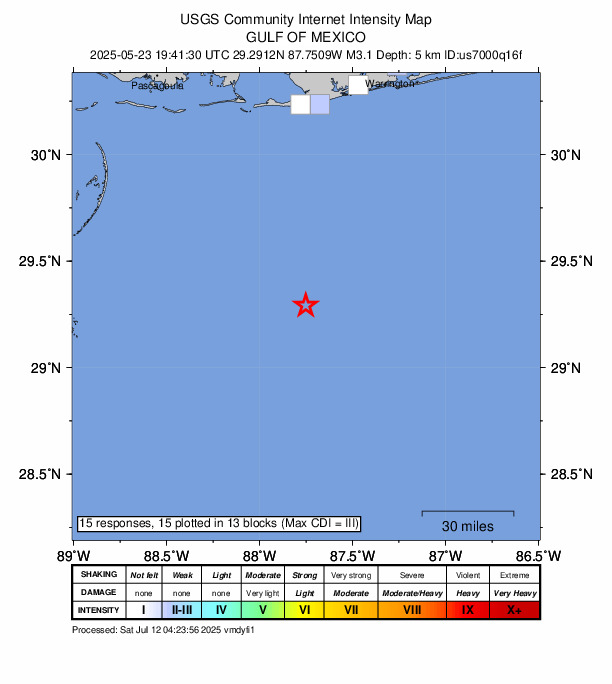 USGS DYFI community-reported intensity map for the M3.1 earthquake near 105 km S of Gulf Shores, Alabama