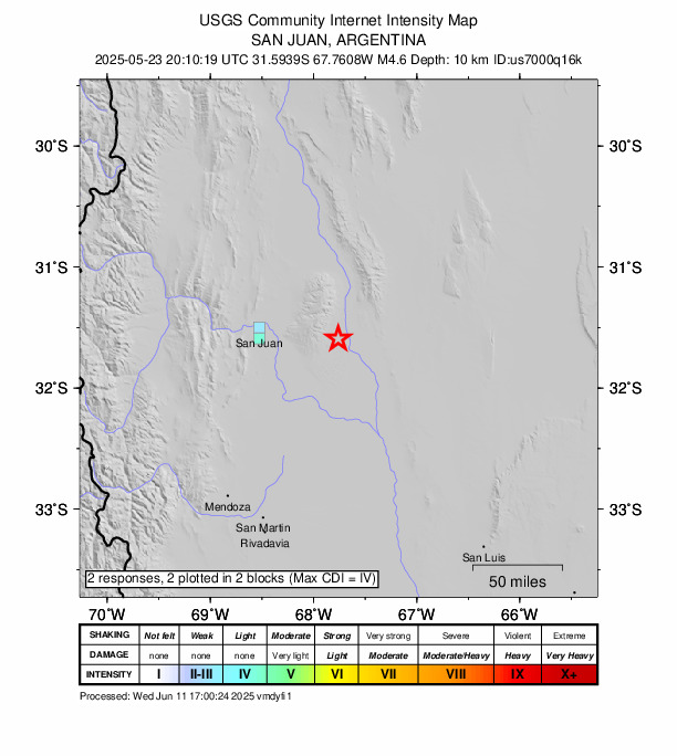 USGS DYFI community-reported intensity map for the M4.0 earthquake near 58 km E of Caucete, Argentina