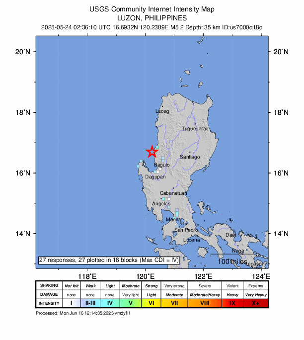 USGS DYFI community-reported intensity map for the M5.2 earthquake near 11 km NW of San Fernando, Philippines