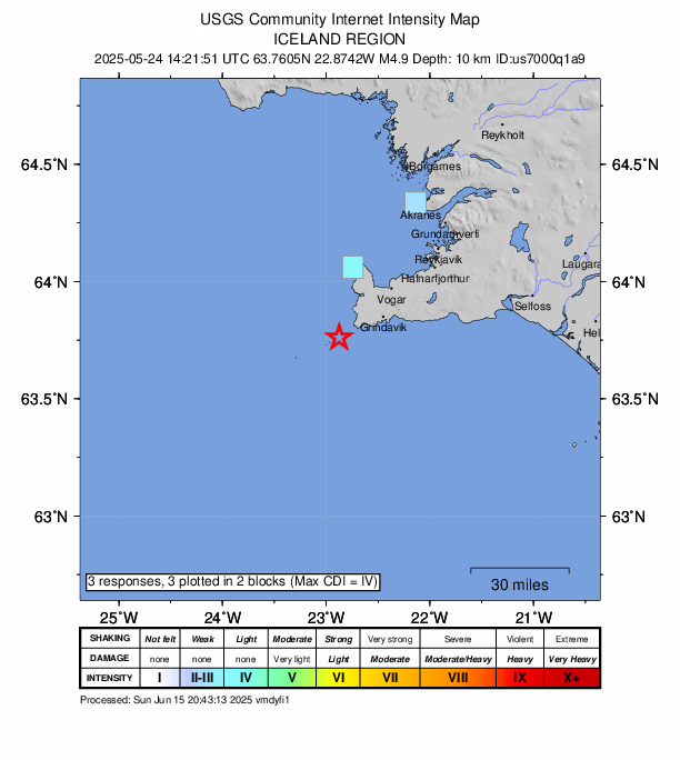 USGS DYFI community-reported intensity map for the M4.9 earthquake near 23 km W of Grindavík, Iceland