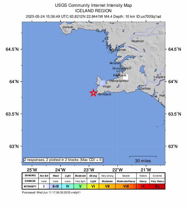 USGS DYFI community-reported intensity map for the M4.4 earthquake near 20 km W of Grindavík, Iceland