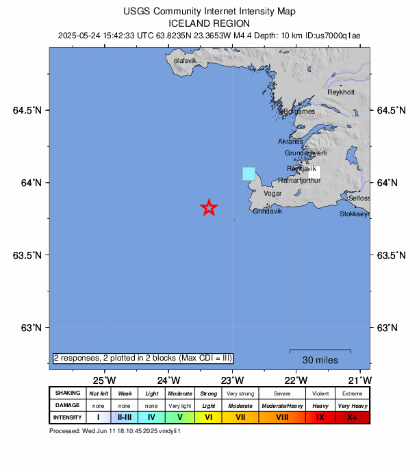USGS DYFI community-reported intensity map for the M4.4 earthquake near 24 km SW of Sandgerði, Iceland