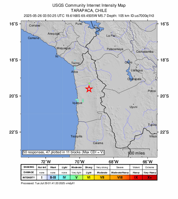 USGS DYFI community-reported intensity map for the M5.7 earthquake near 33 km S of Camiña, Chile