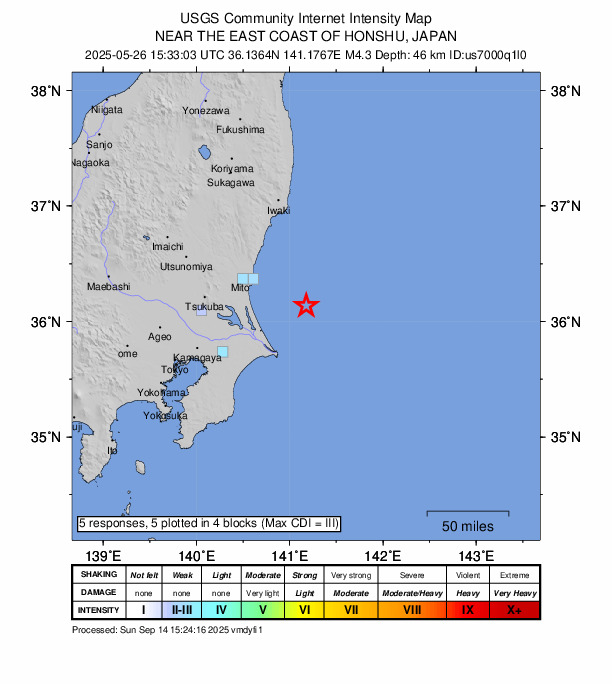 USGS DYFI community-reported intensity map for the M4.3 earthquake near 51 km ENE of Kashima-shi, Japan
