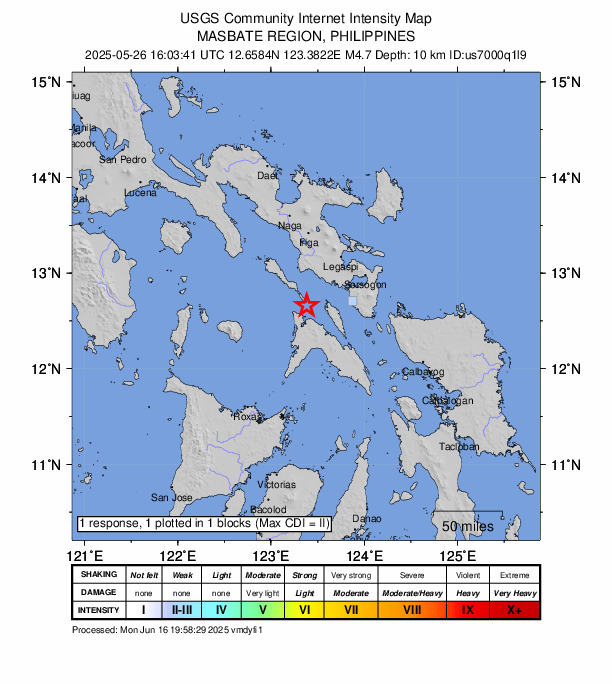 USGS DYFI community-reported intensity map for the M4.7 earthquake near 9 km SE of Osmeña, Philippines