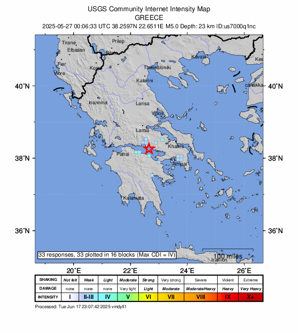 USGS DYFI community-reported intensity map for the M5.0 earthquake near 13 km S of Antikyra, Greece