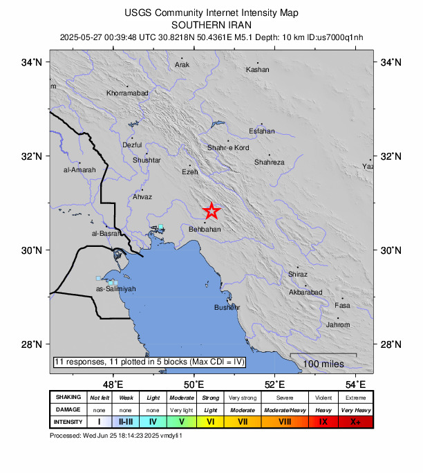 USGS DYFI community-reported intensity map for the M5.1 earthquake near 12 km WNW of Dehdasht, Iran