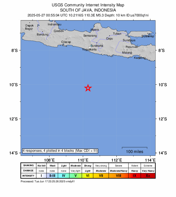 USGS DYFI community-reported intensity map for the M5.3 earthquake near 249 km S of Pundong, Indonesia