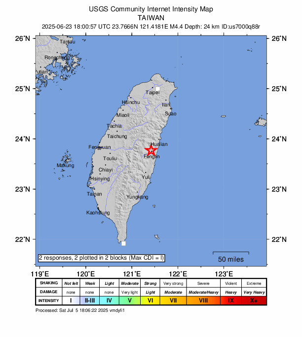 USGS DYFI community-reported intensity map for the M4.4 earthquake near 30 km SW of Hualien City, Taiwan