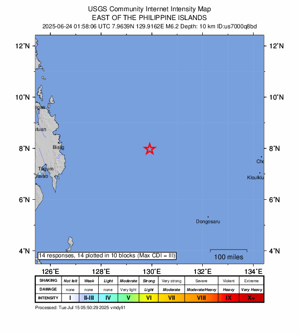 USGS DYFI community-reported intensity map for the M6.2 earthquake near east of the Philippine Islands