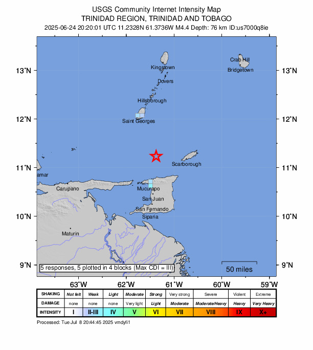 USGS DYFI community-reported intensity map for the M4.4 earthquake near 61 km NNE of Petit Valley, Trinidad and Tobago