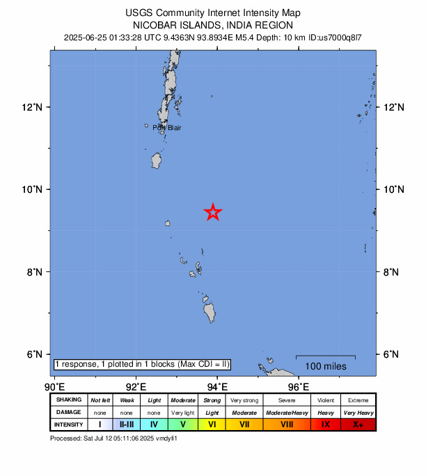 USGS DYFI community-reported intensity map for the M5.4 earthquake near 276 km SSE of Port Blair, India