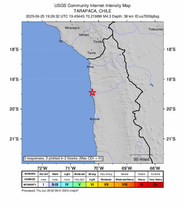 USGS DYFI community-reported intensity map for the M4.3 earthquake near 32 km S of Cuya, Chile