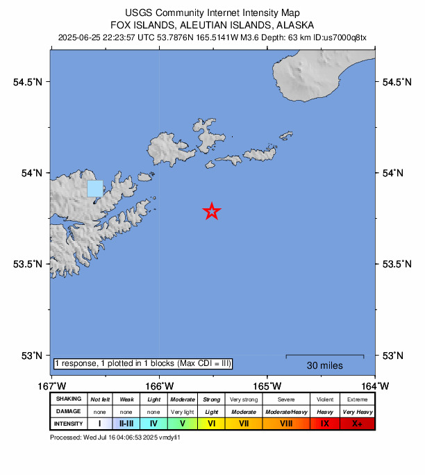 USGS DYFI community-reported intensity map for the M3.6 earthquake near 42 km SSE of Akutan, Alaska