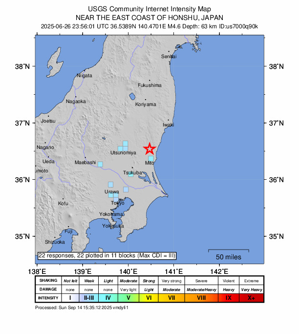 USGS DYFI community-reported intensity map for the M4.6 earthquake near 4 km ESE of Ōmiya, Japan