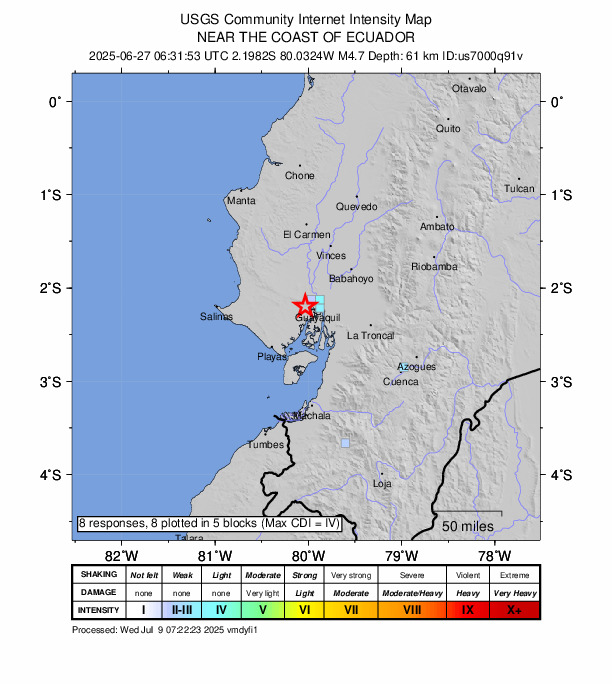USGS DYFI community-reported intensity map for the M4.7 earthquake near 3 km WSW of Santa Lucía, Ecuador