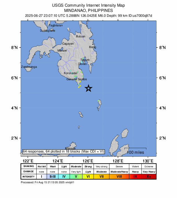 USGS DYFI community-reported intensity map for the M6.0 earthquake near 65 km E of Sarangani, Philippines
