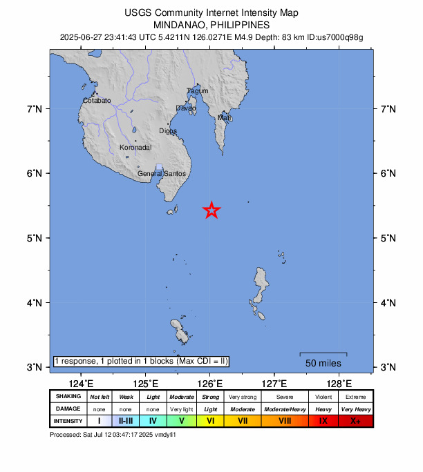 USGS DYFI community-reported intensity map for the M4.9 earthquake near 62 km E of Sarangani, Philippines